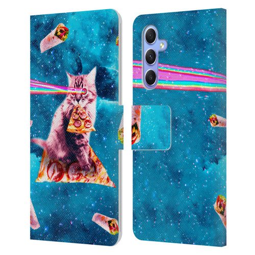 Random Galaxy Space Cat Lazer Eye & Pizza Leather Book Wallet Case Cover For Samsung Galaxy A34 5G