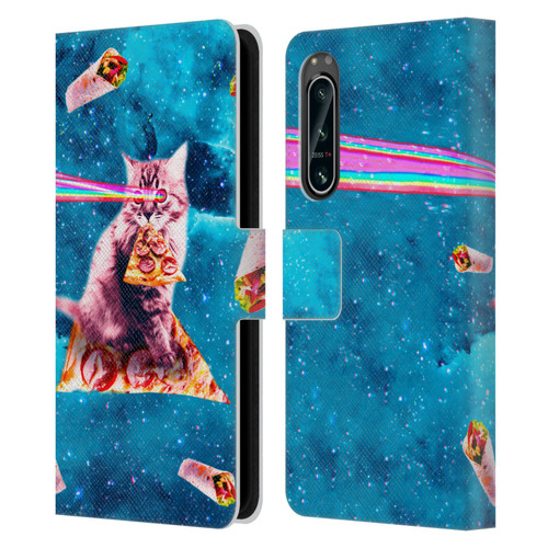 Random Galaxy Space Cat Lazer Eye & Pizza Leather Book Wallet Case Cover For Sony Xperia 5 IV