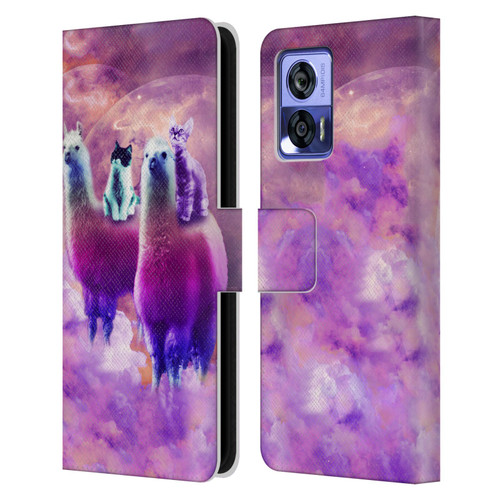 Random Galaxy Space Llama Kitty & Cat Leather Book Wallet Case Cover For Motorola Edge 30 Neo 5G