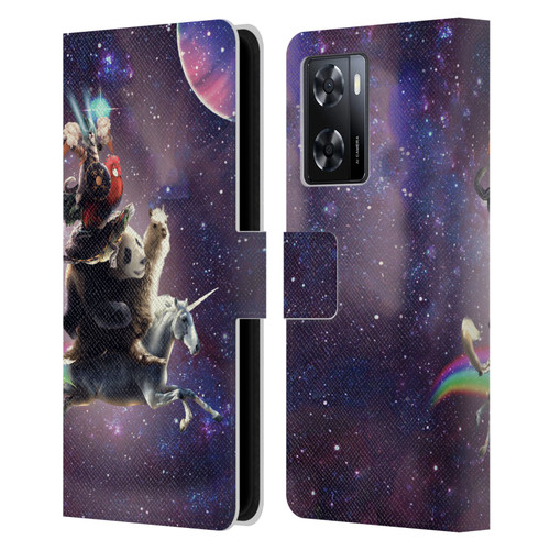 Random Galaxy Space Llama Unicorn Space Ride Leather Book Wallet Case Cover For OPPO A57s