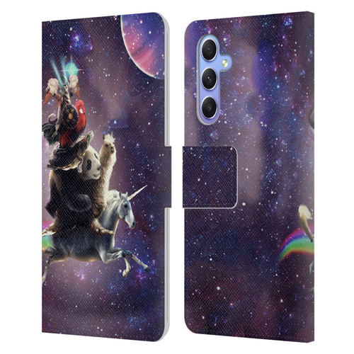 Random Galaxy Space Llama Unicorn Space Ride Leather Book Wallet Case Cover For Samsung Galaxy A34 5G