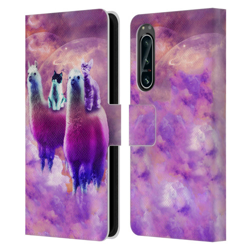 Random Galaxy Space Llama Kitty & Cat Leather Book Wallet Case Cover For Sony Xperia 5 IV
