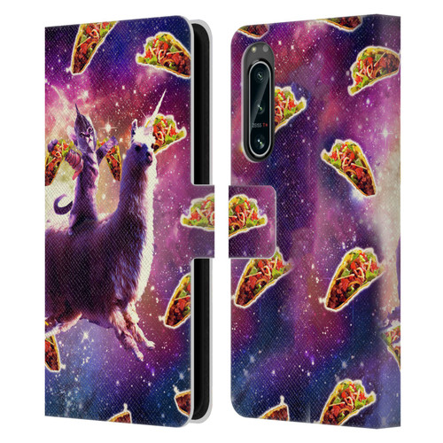 Random Galaxy Space Llama Warrior Cat & Tacos Leather Book Wallet Case Cover For Sony Xperia 5 IV