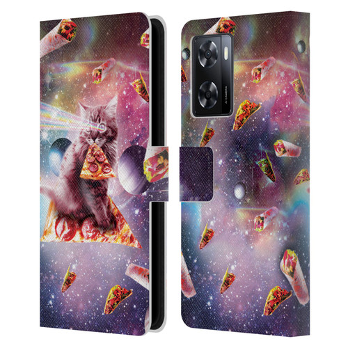 Random Galaxy Space Pizza Ride Outer Space Lazer Cat Leather Book Wallet Case Cover For OPPO A57s