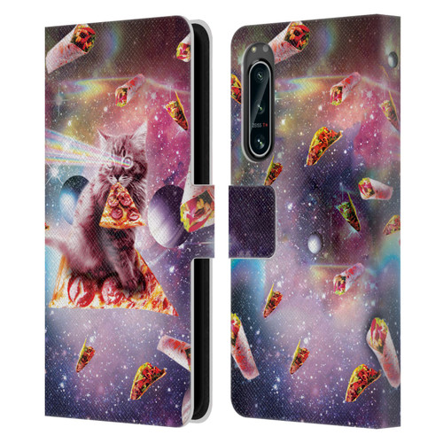 Random Galaxy Space Pizza Ride Outer Space Lazer Cat Leather Book Wallet Case Cover For Sony Xperia 5 IV