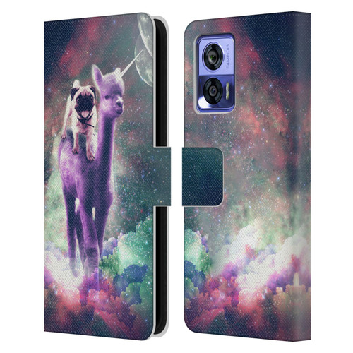 Random Galaxy Space Unicorn Ride Pug Riding Llama Leather Book Wallet Case Cover For Motorola Edge 30 Neo 5G