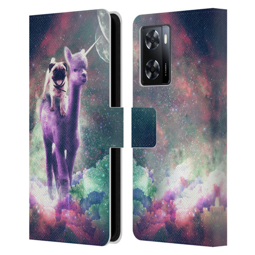 Random Galaxy Space Unicorn Ride Pug Riding Llama Leather Book Wallet Case Cover For OPPO A57s