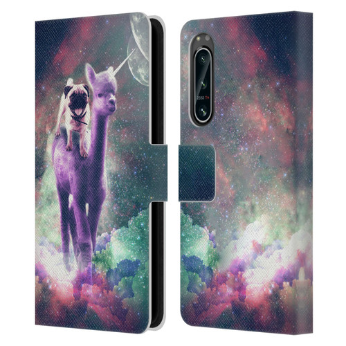 Random Galaxy Space Unicorn Ride Pug Riding Llama Leather Book Wallet Case Cover For Sony Xperia 5 IV