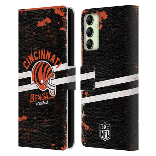 NFL Cincinnati Bengals Logo Art Helmet Distressed Leather Book Wallet Case Cover For Samsung Galaxy A14 5G NFL Cincinnati Bengals Logo Art Helmet Distressed Leather Book Wallet Case Cover For Samsung Galaxy A14 5G