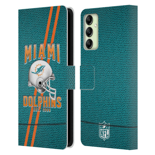 NFL Miami Dolphins Logo Art Football Stripes Leather Book Wallet Case Cover For Samsung Galaxy A14 5G