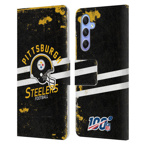 NFL Pittsburgh Steelers Logo Art Helmet Distressed Leather Book Wallet Case Cover For Samsung Galaxy A34 5G