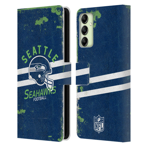 NFL Seattle Seahawks Logo Art Helmet Distressed Leather Book Wallet Case Cover For Samsung Galaxy A14 5G