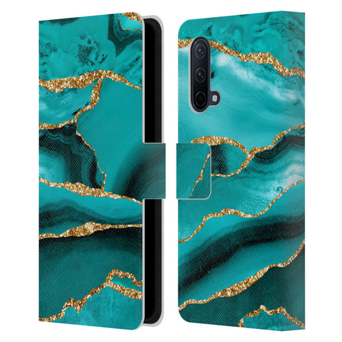 UtArt Malachite Emerald Aquamarine Gold Waves Leather Book Wallet Case Cover For OnePlus Nord CE 5G