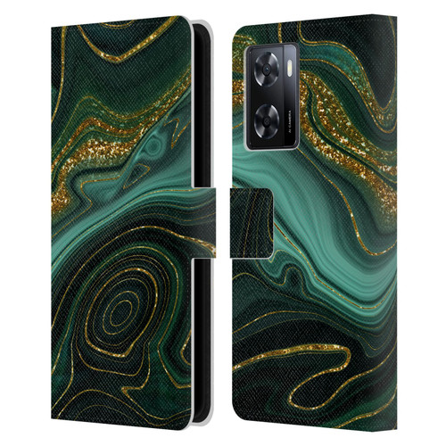 UtArt Malachite Emerald Gilded Teal Leather Book Wallet Case Cover For OPPO A57s