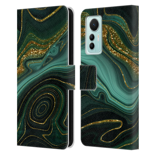 UtArt Malachite Emerald Gilded Teal Leather Book Wallet Case Cover For Xiaomi 12 Lite