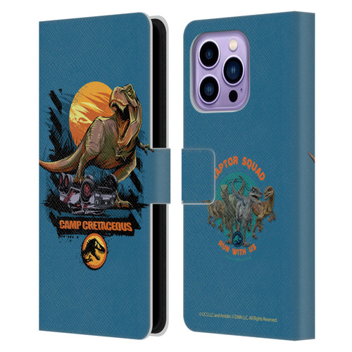 Jurassic World: Camp Cretaceous Dinosaur Graphics Blue Leather Book Wallet Case Cover For Apple iPhone 14 Pro Max