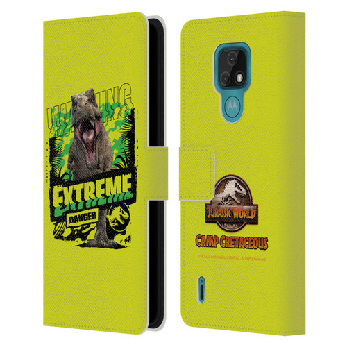 Jurassic World: Camp Cretaceous Dinosaur Graphics Extreme Danger Leather Book Wallet Case Cover For Motorola Moto E7