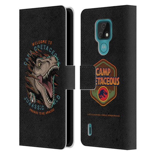 Jurassic World: Camp Cretaceous Dinosaur Graphics Welcome Leather Book Wallet Case Cover For Motorola Moto E7