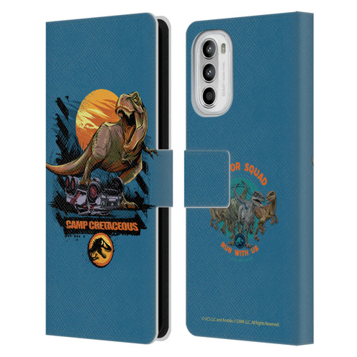 Jurassic World: Camp Cretaceous Dinosaur Graphics Blue Leather Book Wallet Case Cover For Motorola Moto G52