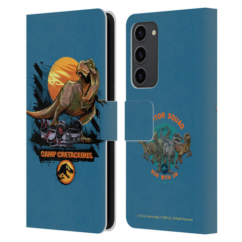 Jurassic World: Camp Cretaceous Dinosaur Graphics Blue Leather Book Wallet Case Cover For Samsung Galaxy S23+ 5G