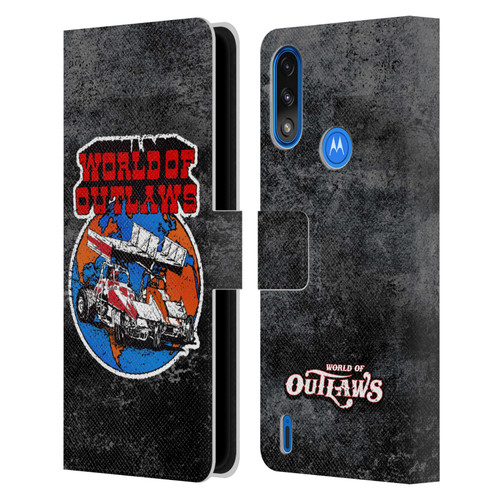 World of Outlaws Western Graphics Distressed Sprint Car Logo Leather Book Wallet Case Cover For Motorola Moto E7 Power / Moto E7i Power
