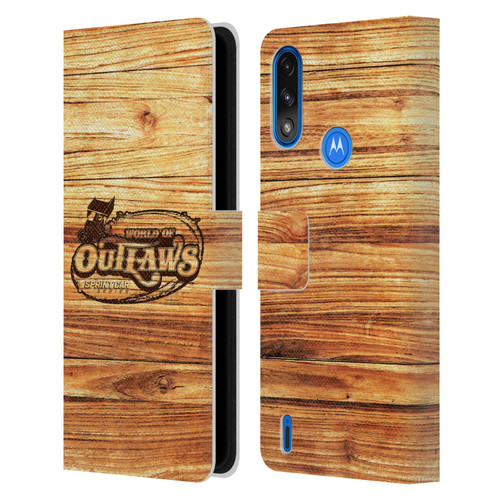 World of Outlaws Western Graphics Wood Logo Leather Book Wallet Case Cover For Motorola Moto E7 Power / Moto E7i Power