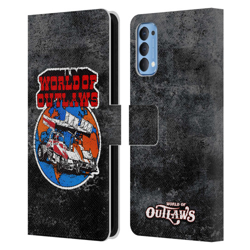 World of Outlaws Western Graphics Distressed Sprint Car Logo Leather Book Wallet Case Cover For OPPO Reno 4 5G