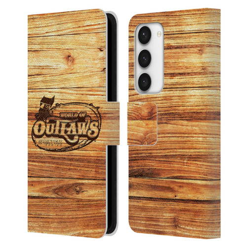 World of Outlaws Western Graphics Wood Logo Leather Book Wallet Case Cover For Samsung Galaxy S23 5G
