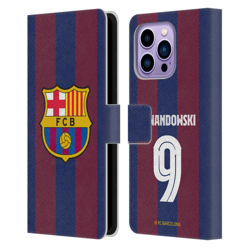 FC Barcelona 2023/24 Players Home Kit Robert Lewandowski Leather Book Wallet Case Cover For Apple iPhone 14 Pro Max