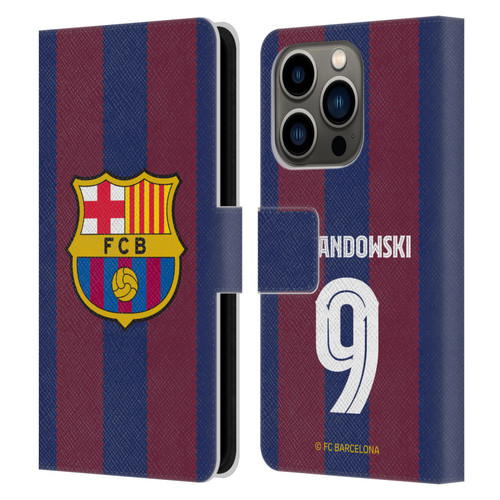 FC Barcelona 2023/24 Players Home Kit Robert Lewandowski Leather Book Wallet Case Cover For Apple iPhone 14 Pro