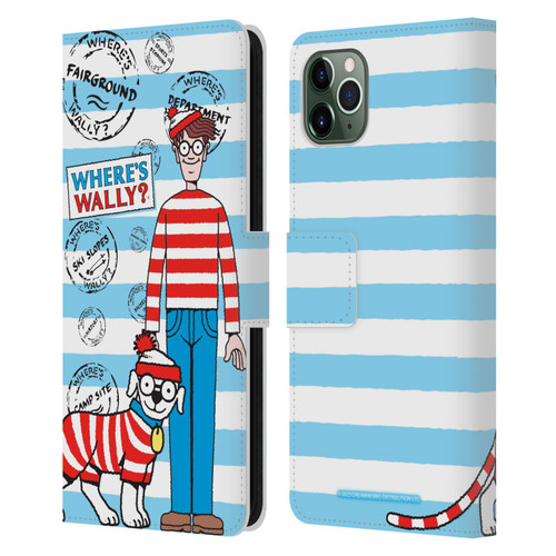 Where's Wally? Graphics Stripes Blue Leather Book Wallet Case Cover For Apple iPhone 11 Pro Max