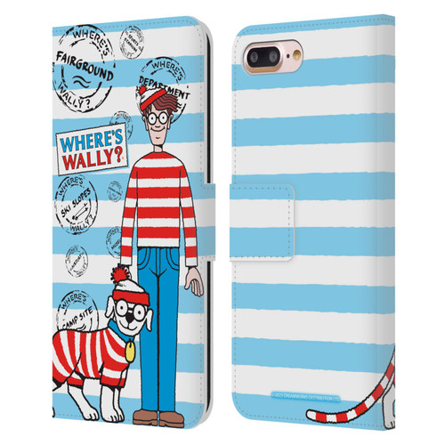 Where's Wally? Graphics Stripes Blue Leather Book Wallet Case Cover For Apple iPhone 7 Plus / iPhone 8 Plus
