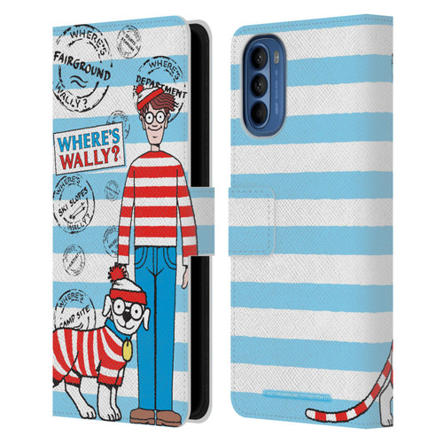 Where's Wally? Graphics Stripes Blue Leather Book Wallet Case Cover For Motorola Moto G41