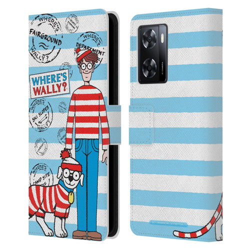 Where's Wally? Graphics Stripes Blue Leather Book Wallet Case Cover For OPPO A57s