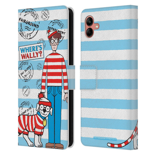 Where's Wally? Graphics Stripes Blue Leather Book Wallet Case Cover For Samsung Galaxy A04 (2022)
