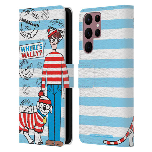 Where's Wally? Graphics Stripes Blue Leather Book Wallet Case Cover For Samsung Galaxy S22 Ultra 5G