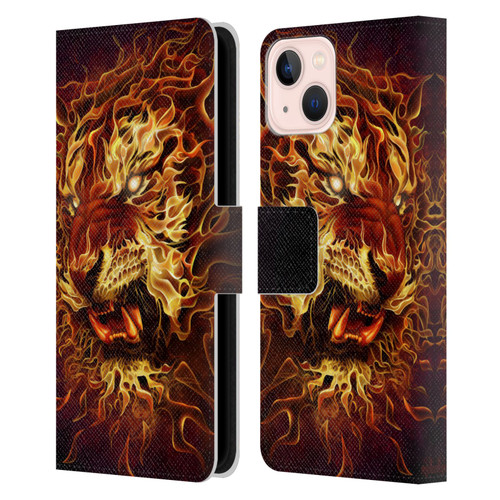 Tom Wood Fire Creatures Tiger Leather Book Wallet Case Cover For Apple iPhone 13