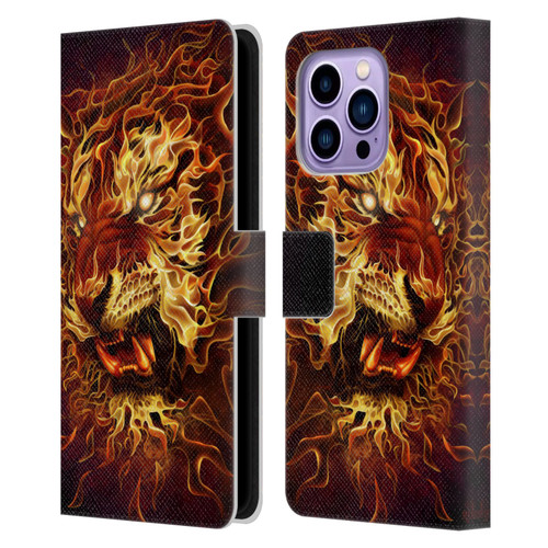 Tom Wood Fire Creatures Tiger Leather Book Wallet Case Cover For Apple iPhone 14 Pro Max