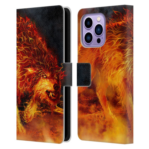 Tom Wood Fire Creatures Wolf Stalker Leather Book Wallet Case Cover For Apple iPhone 14 Pro Max