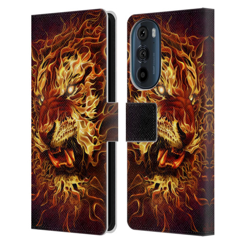 Tom Wood Fire Creatures Tiger Leather Book Wallet Case Cover For Motorola Edge 30