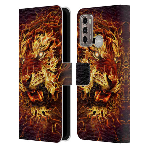 Tom Wood Fire Creatures Tiger Leather Book Wallet Case Cover For Motorola Moto G60 / Moto G40 Fusion