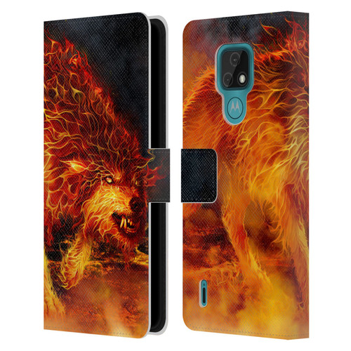 Tom Wood Fire Creatures Wolf Stalker Leather Book Wallet Case Cover For Motorola Moto E7