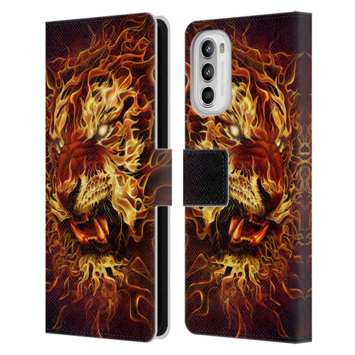 Tom Wood Fire Creatures Tiger Leather Book Wallet Case Cover For Motorola Moto G52