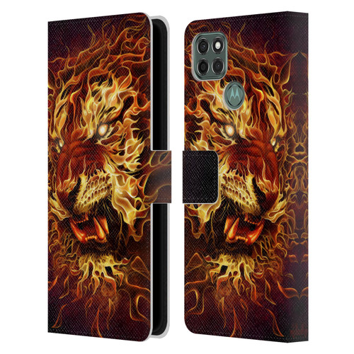 Tom Wood Fire Creatures Tiger Leather Book Wallet Case Cover For Motorola Moto G9 Power