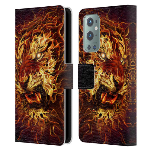 Tom Wood Fire Creatures Tiger Leather Book Wallet Case Cover For OnePlus 9