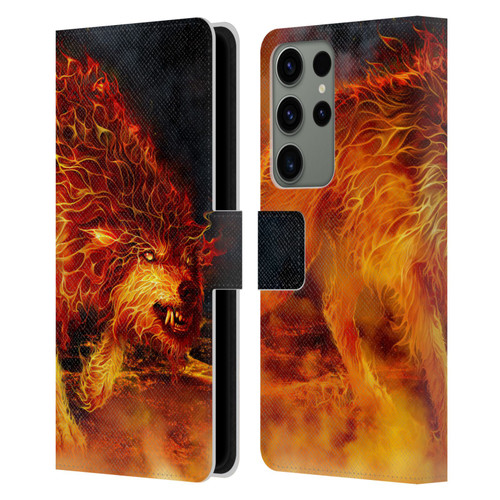 Tom Wood Fire Creatures Wolf Stalker Leather Book Wallet Case Cover For Samsung Galaxy S23 Ultra 5G