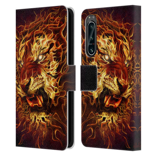 Tom Wood Fire Creatures Tiger Leather Book Wallet Case Cover For Sony Xperia 5 IV