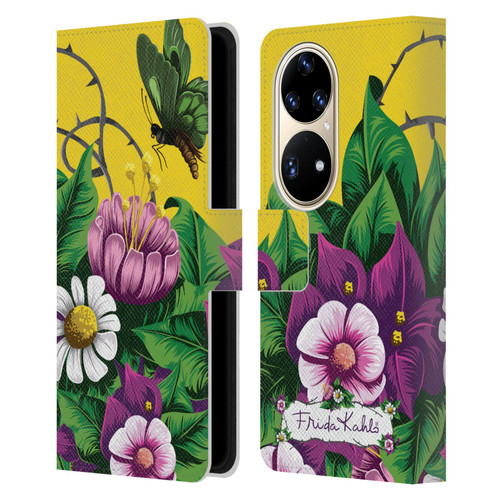 Frida Kahlo Purple Florals Butterfly Leather Book Wallet Case Cover For Huawei P50 Pro