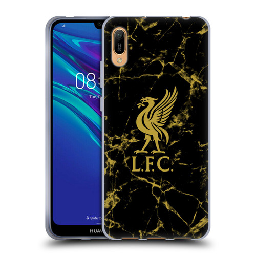 Liverpool Football Club Crest & Liverbird Patterns 1 Black & Gold Marble Soft Gel Case for Huawei Y6 Pro (2019)