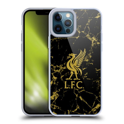 Liverpool Football Club Crest & Liverbird Patterns 1 Black & Gold Marble Soft Gel Case for Apple iPhone 12 Pro Max